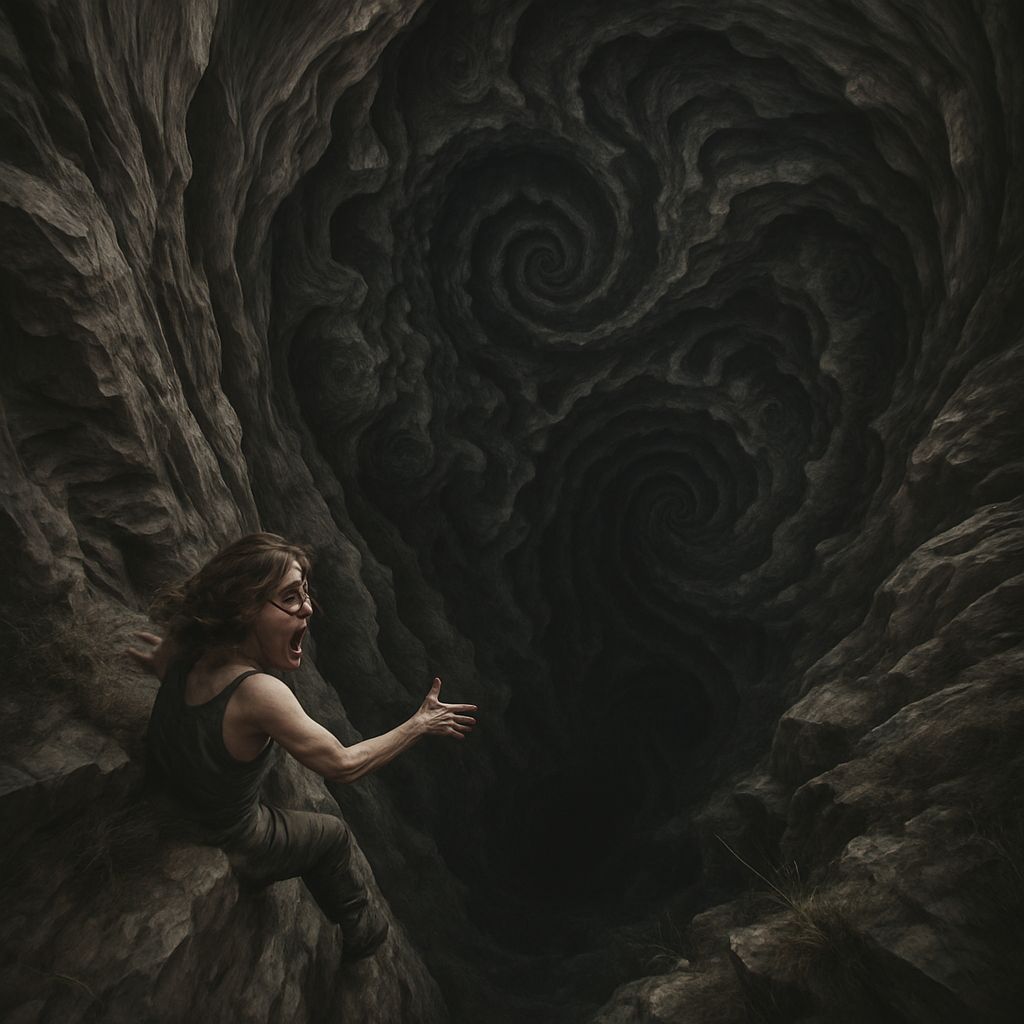 Dreamcore vertigo of a woman standing on the edge of a cliff...