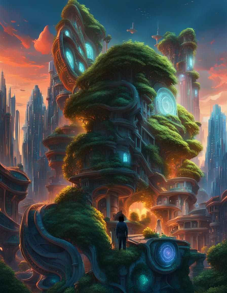 Epic Cityscape with Lush Vegetation in Digital Matte Paintin...