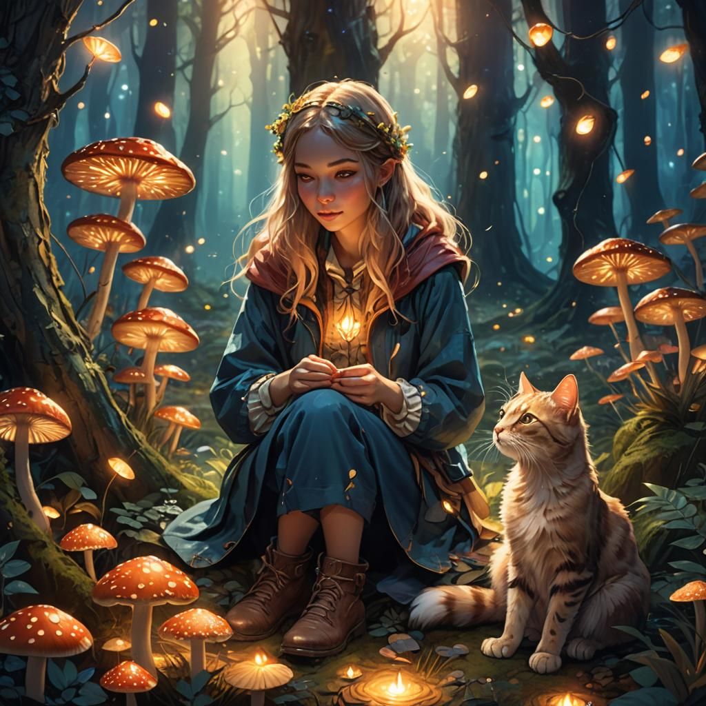 Magical Forest Scene with Girl and Cat
