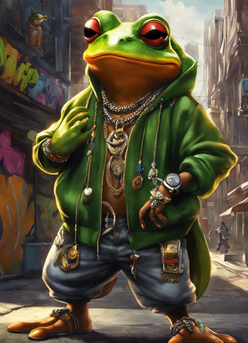 Anthropomorphic Tyrannosaurus Frog Rapper in Street Scene
