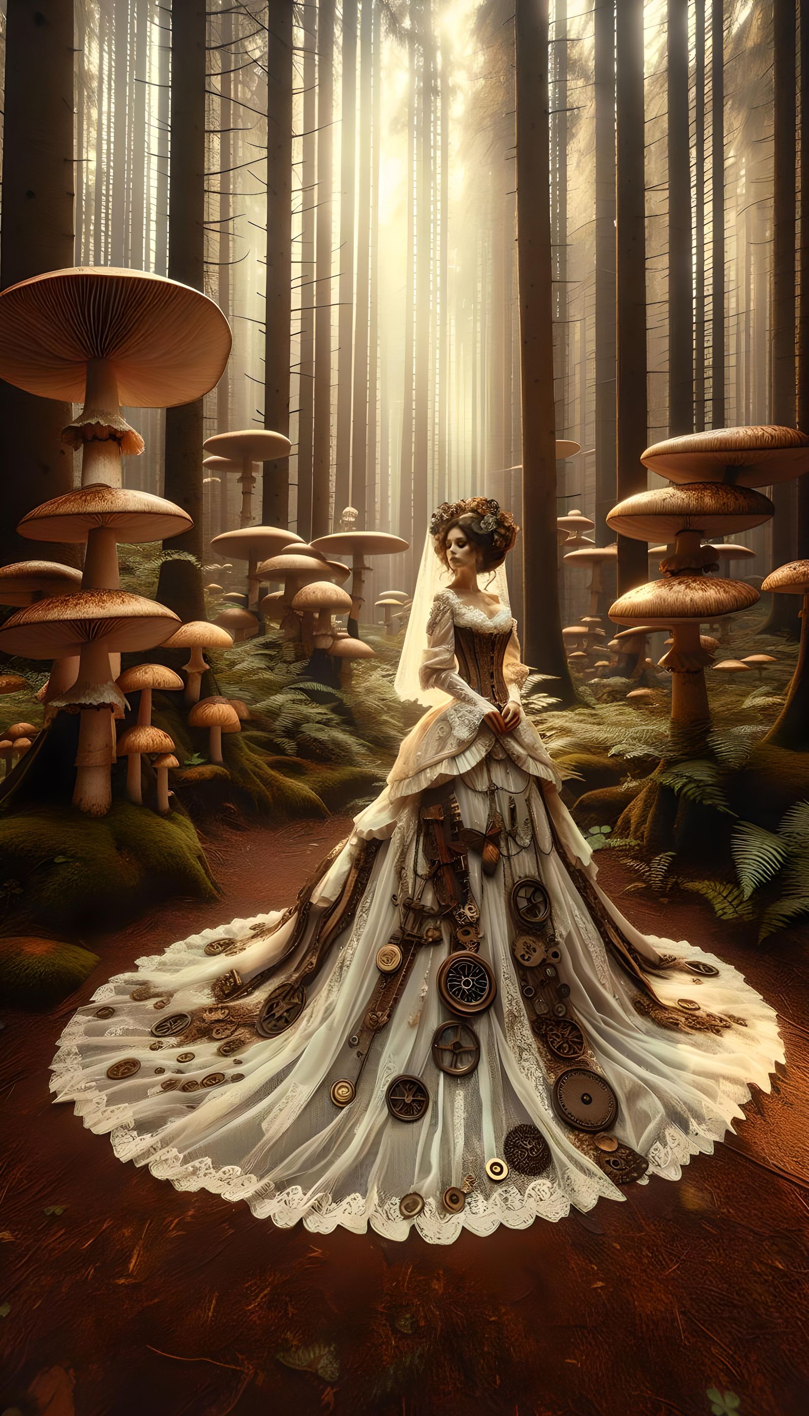 Steampunk Bride in Magical Mushroom Forest