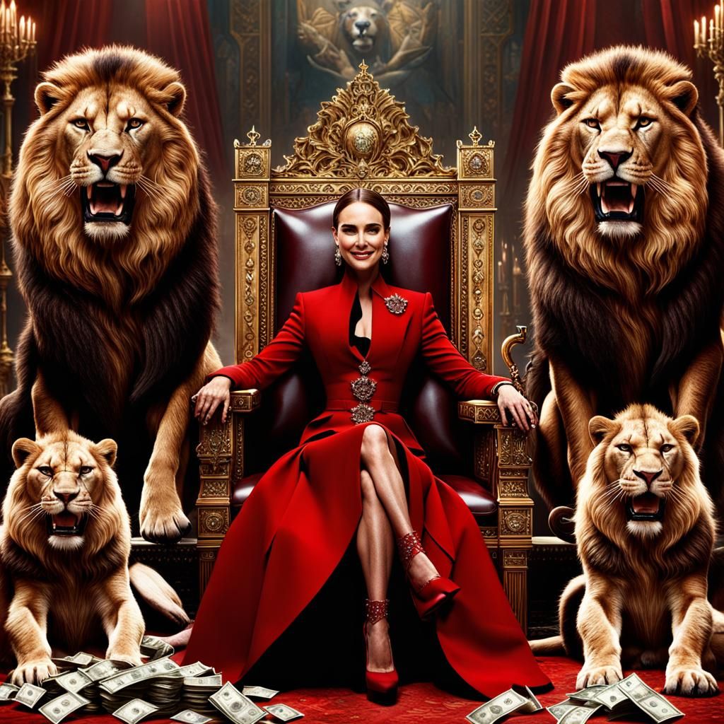 Opulent Queen on Throne with Lions: Digital Matte Painting