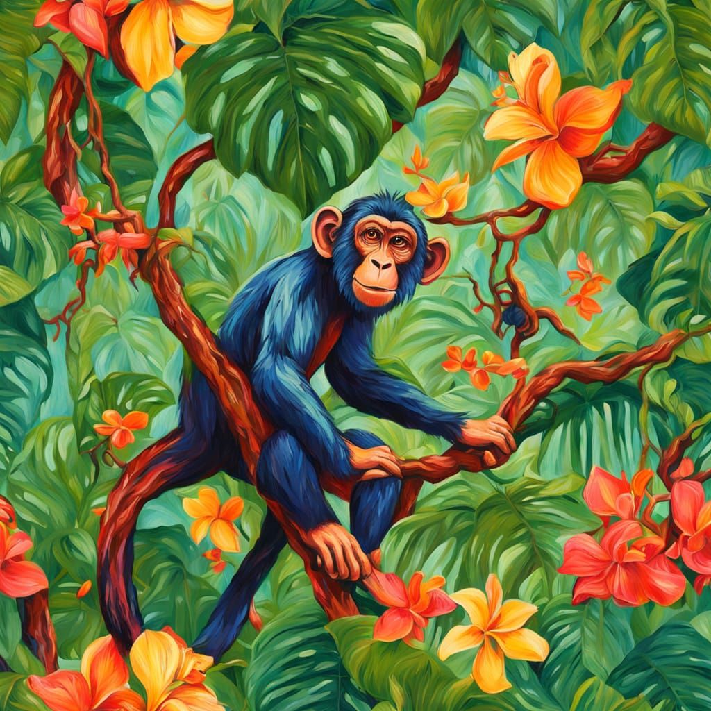 Vibrant Tropical Jungle Scene in Heavy Impasto Style