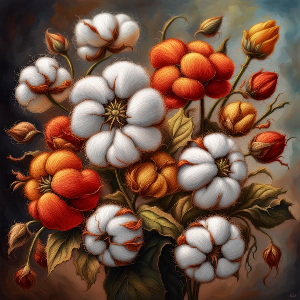 Hyperrealistic Embroidered Cotton Bouquet in Warm Colors