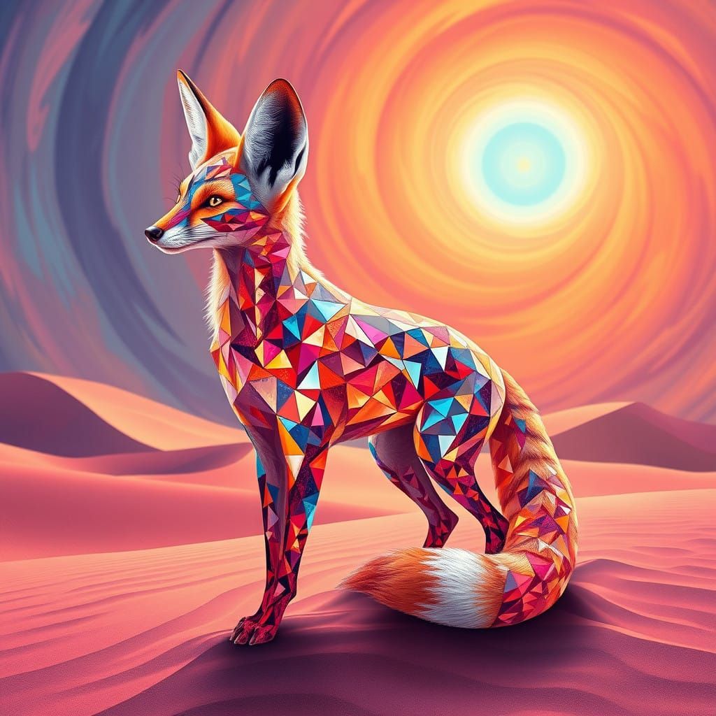 Surreal Desert Fox in Kaleidoscopic Vortex with Iridescent B...