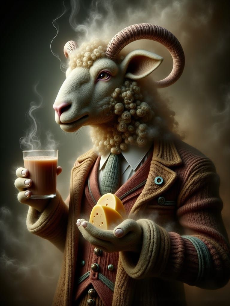 Surreal Sheep-Headed Figure in Wool Suit with Coffee and Che...