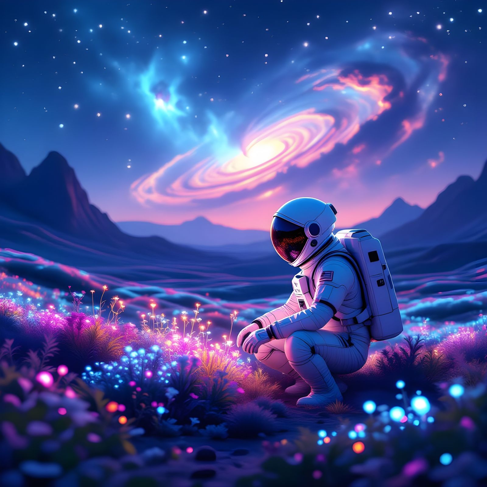Astronaut Tends Bioluminescent Garden on Alien Planet