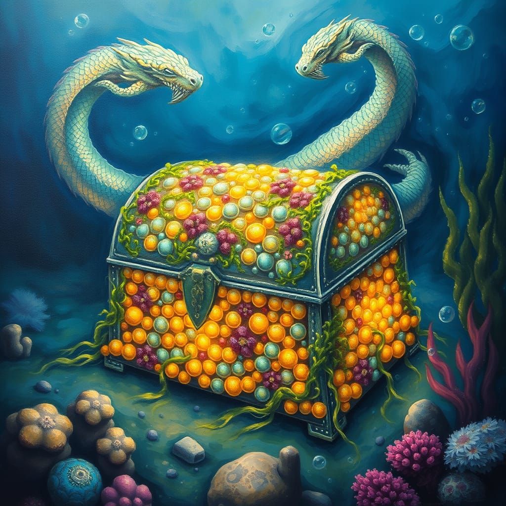 Sea Serpent Guards Barnacle Chest on Ocean Floor, Impression...