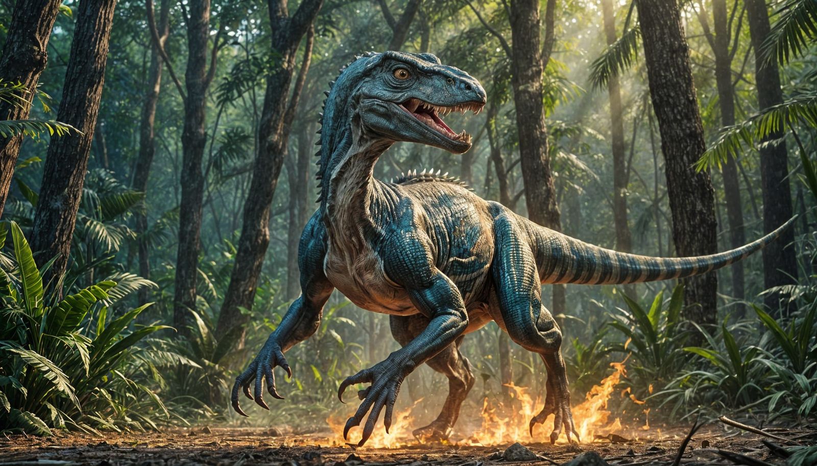 Dramatic low-angle shot, hyperrealistic Velociraptor "Blue" from Jurassic Park in full sprint, extreme foreshortening wi...