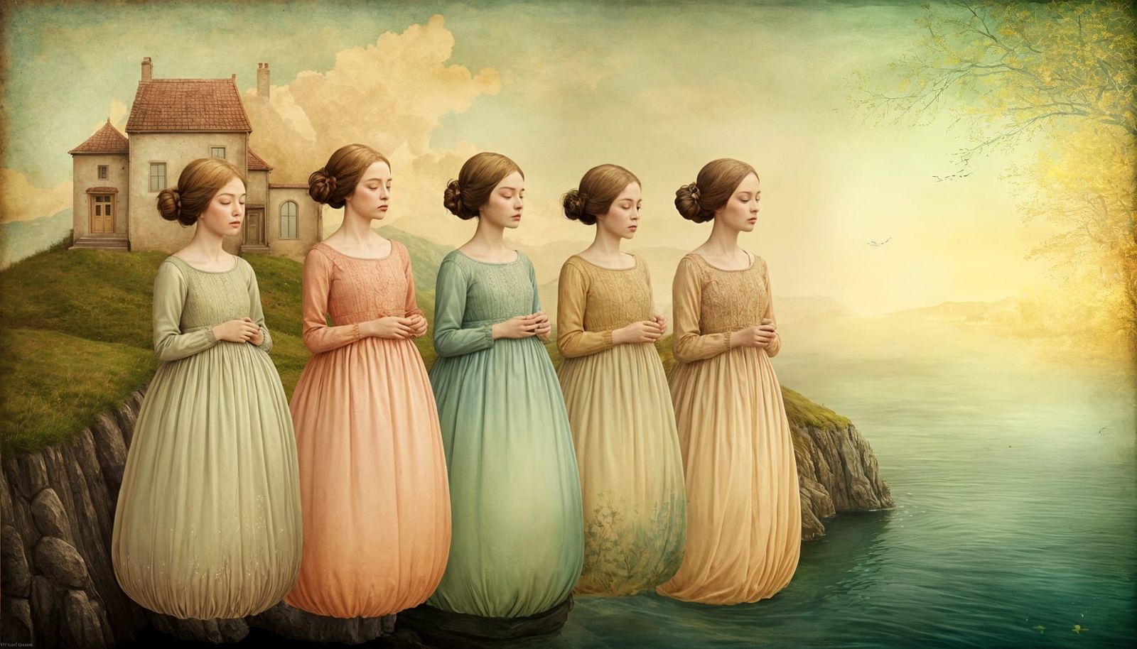 Giant Women Float in Surreal Pastel Landscape