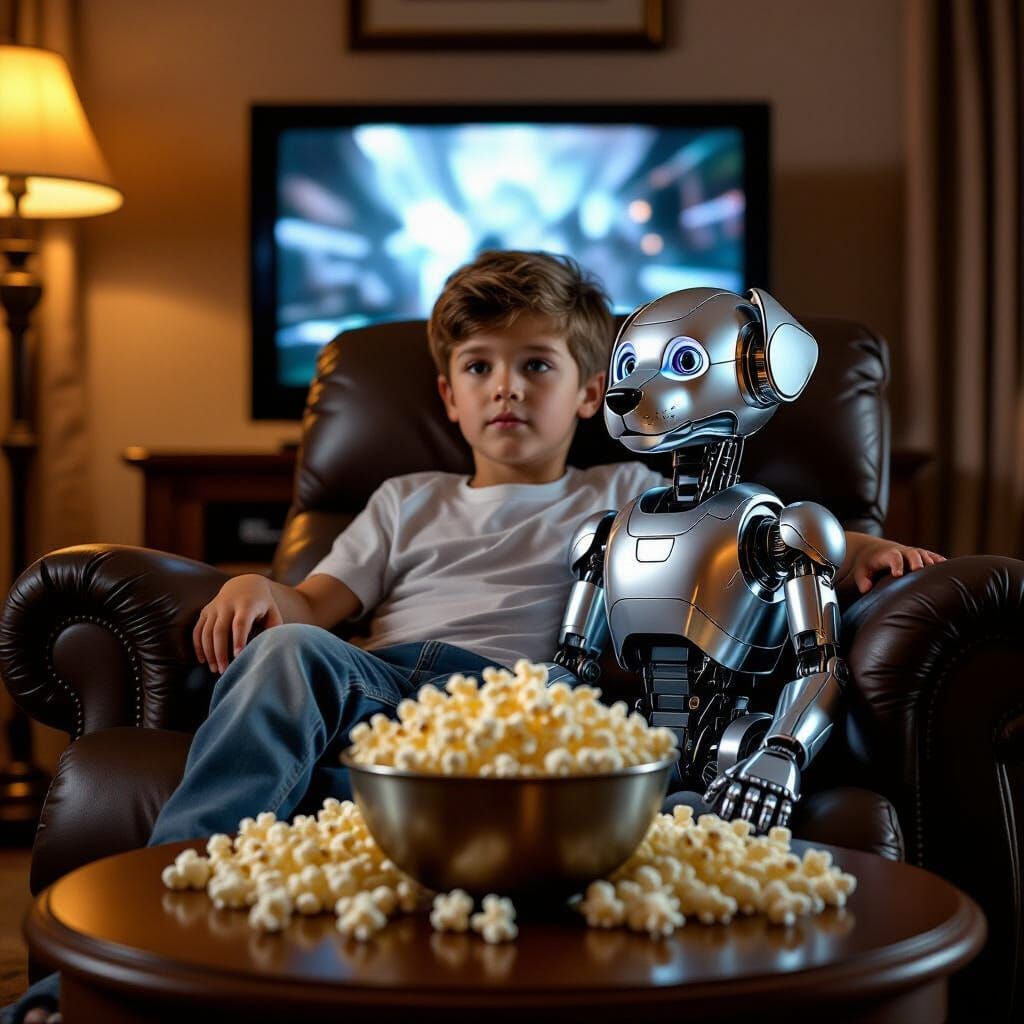 Boy and Robot Dog Watch TV in Hyperrealistic Style