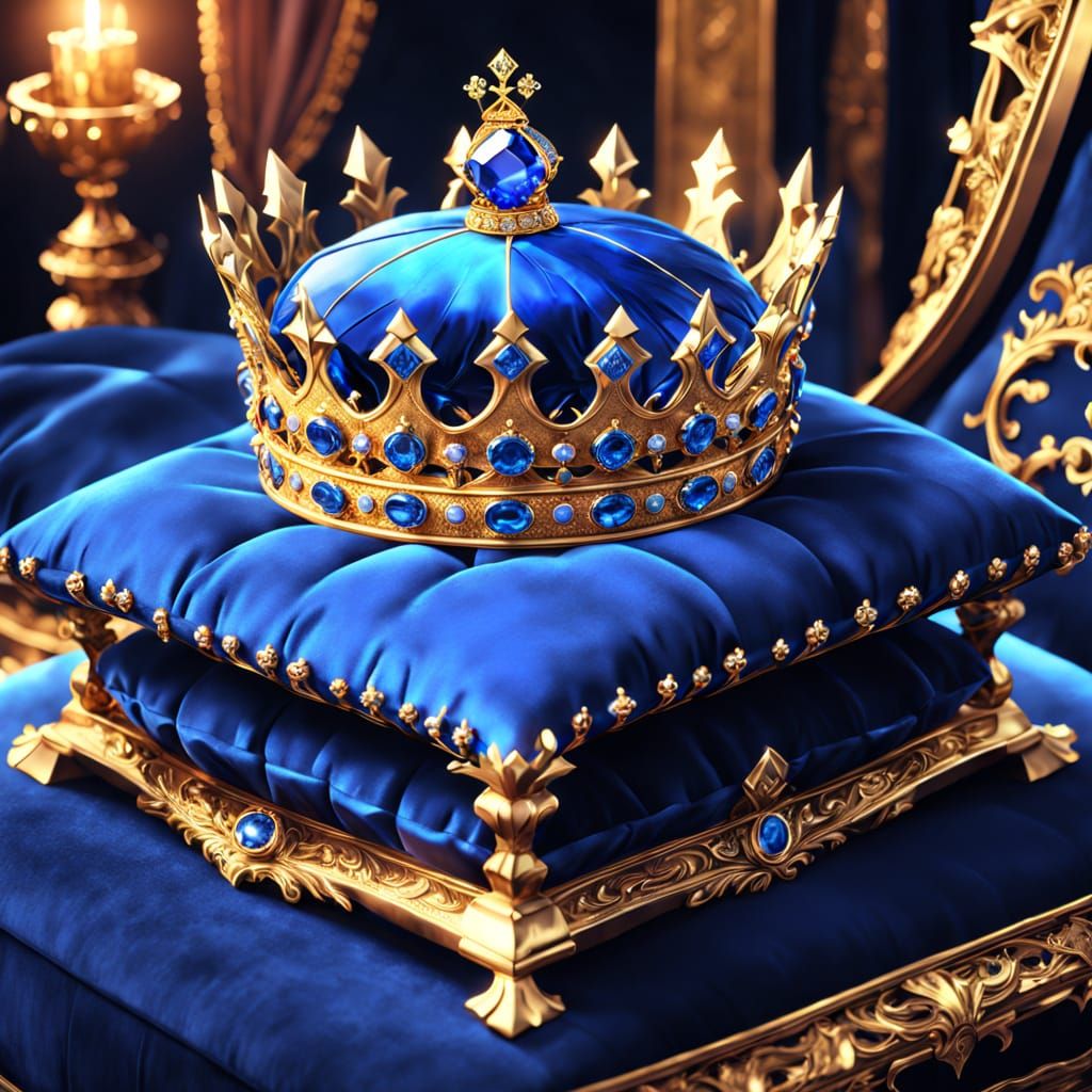 Golden Crown with Sapphire on Velvet Cushion