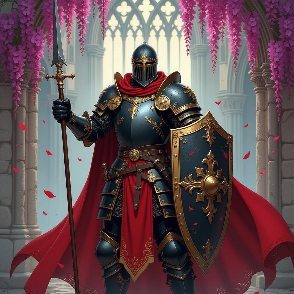 Gothic Black Knight with Spear and Shield as Comic Book Art