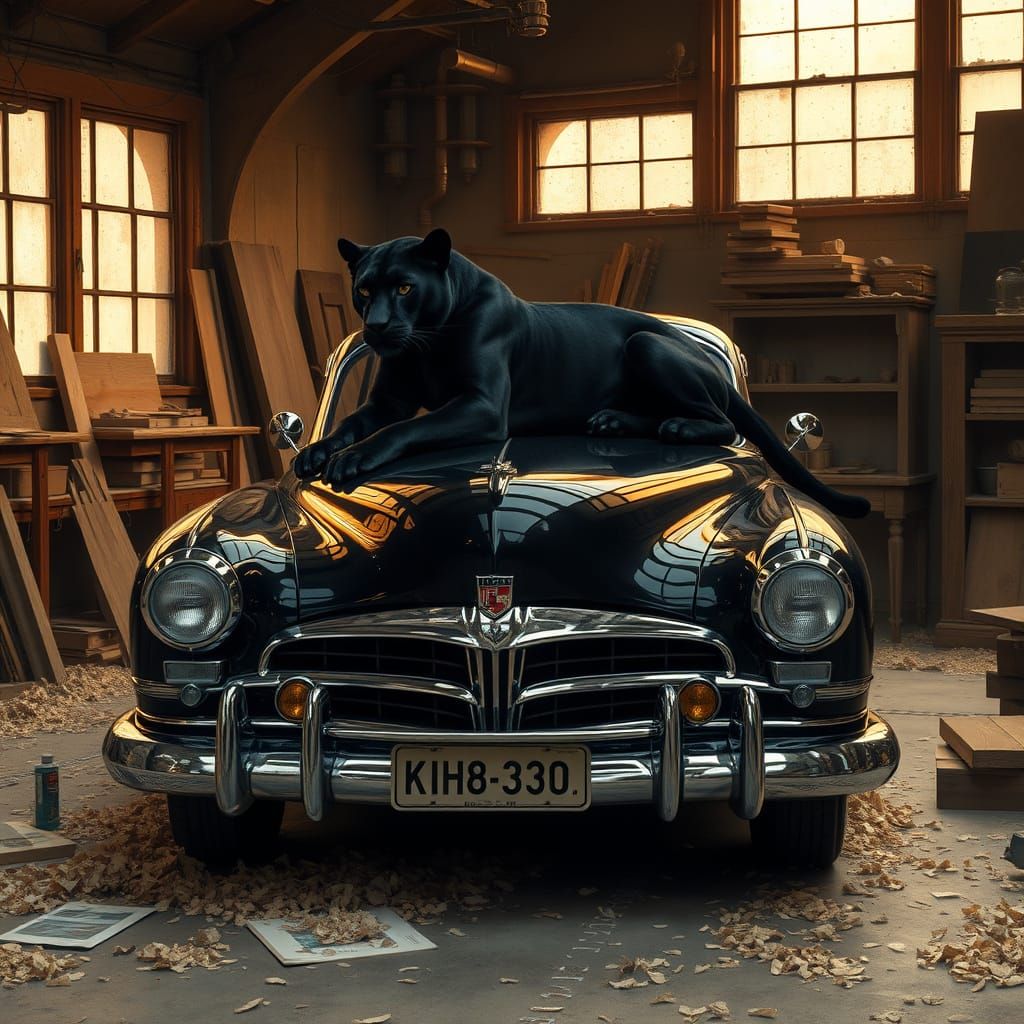 Vintage Car in Woodworks Workshop, Guarded by a Majestic Pan...