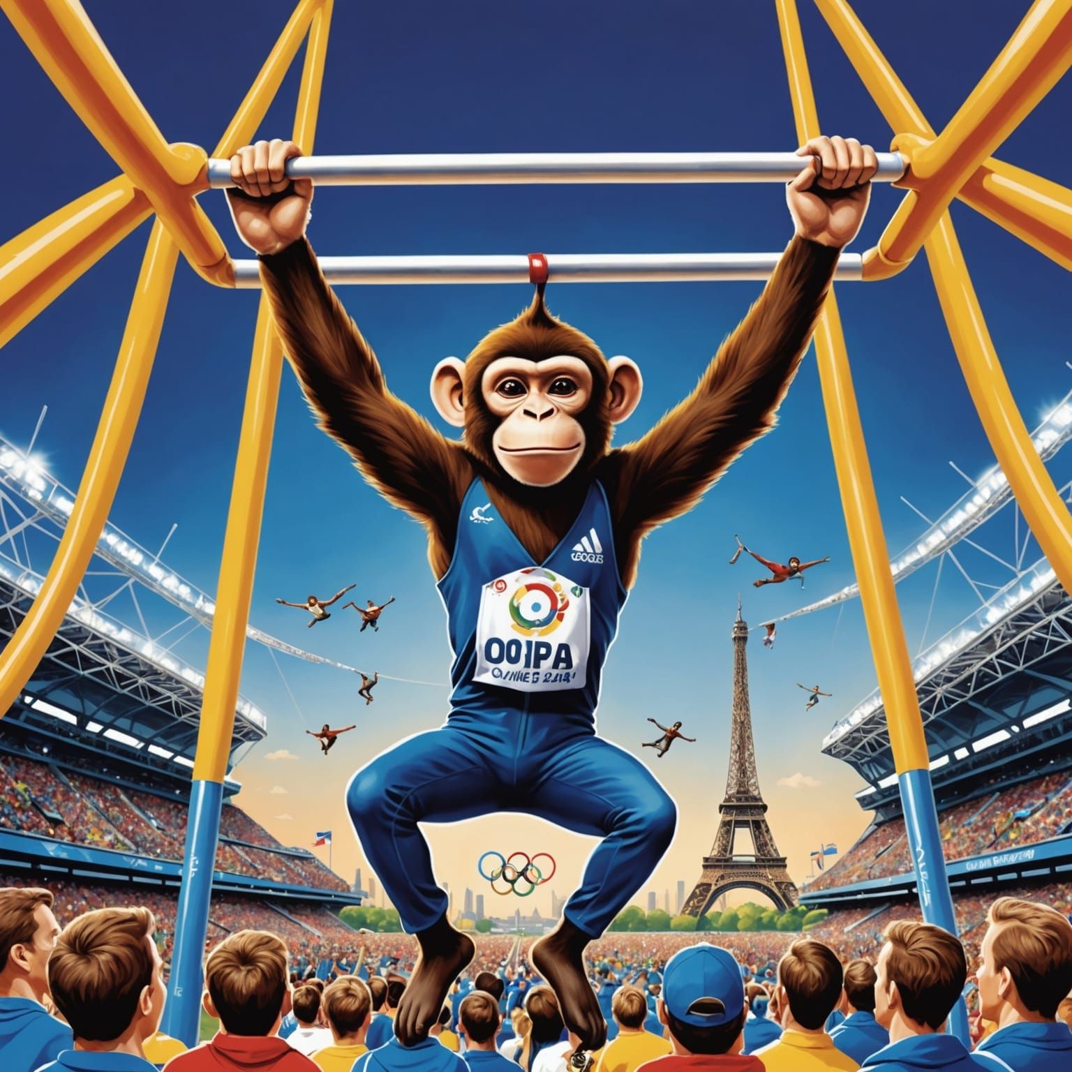 A clean oil ink airbrush illustration of an upside down hanging monkey participant in the Olympic Games, hanging in the ...