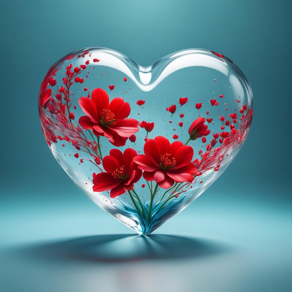 Scenery with red flowers in a glass heart