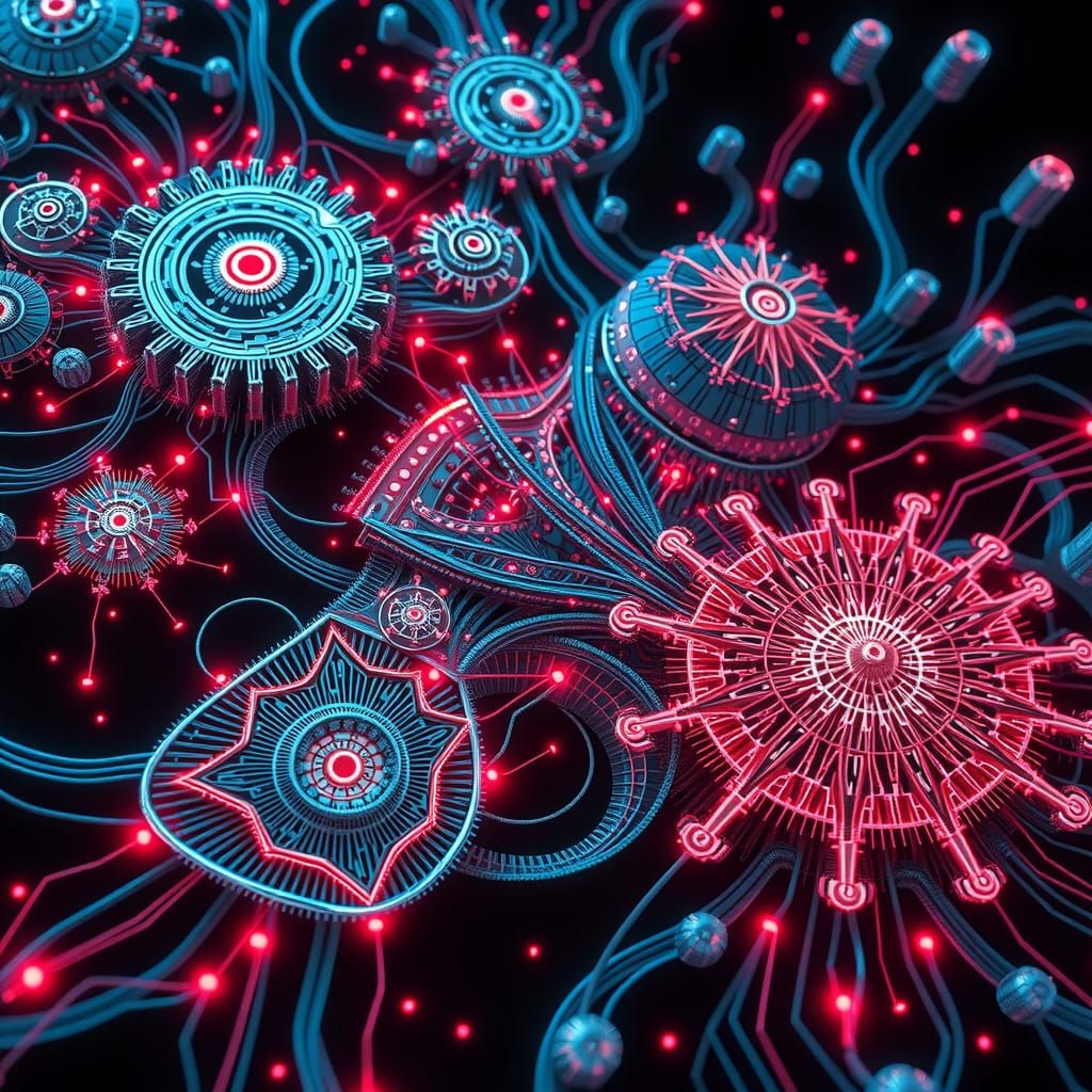 Cyberpunk Electronic Architecture in Swirling 3D Diagrams