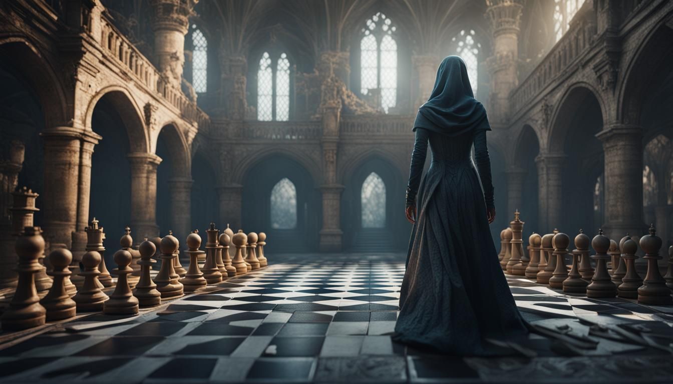 Veiled Woman on Chessboard in Abandoned Castle