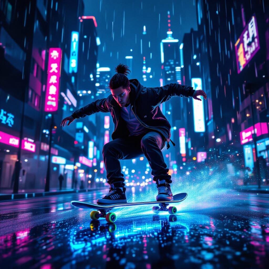 Skateboarder in Futuristic City Night