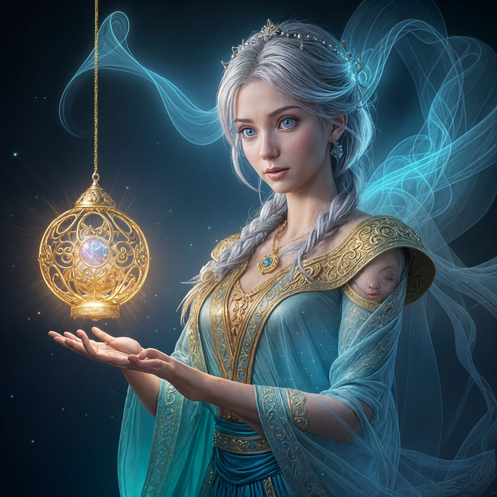 Whimsical Encounter with a Silver Genie in Cinematic Style