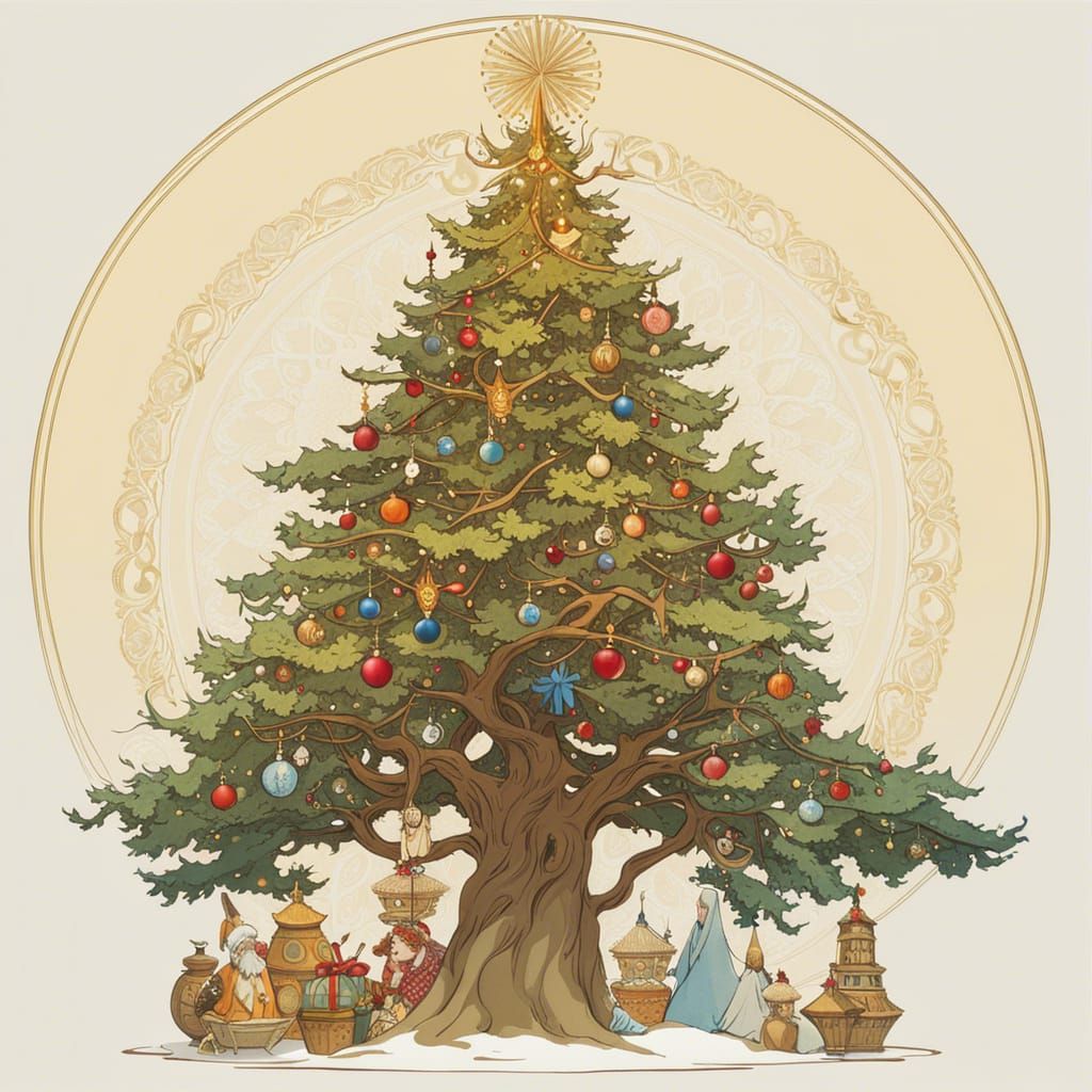 Ghibli-Style Christmas Tree, Art Nouveau Composition