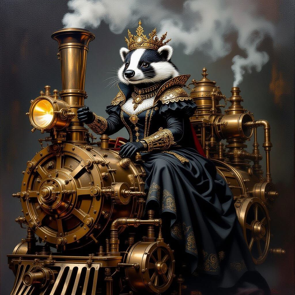 Steampunk Badger Queen on Ornate Engine