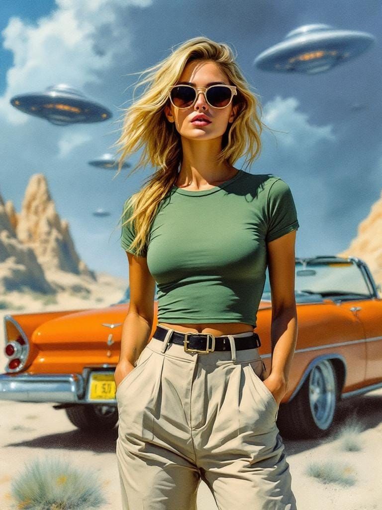 Confident Woman in Desert with Flying Saucers