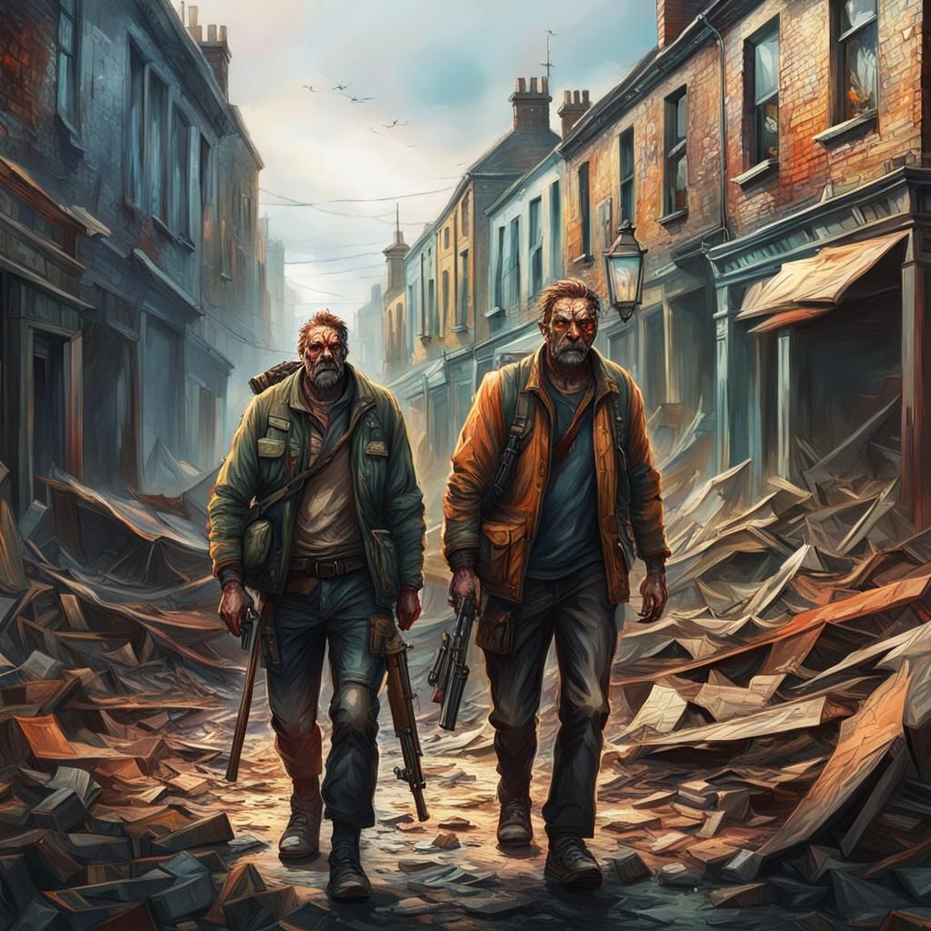 Apocalypse Survivors in Devastated Town: Hyperrealistic Spla...