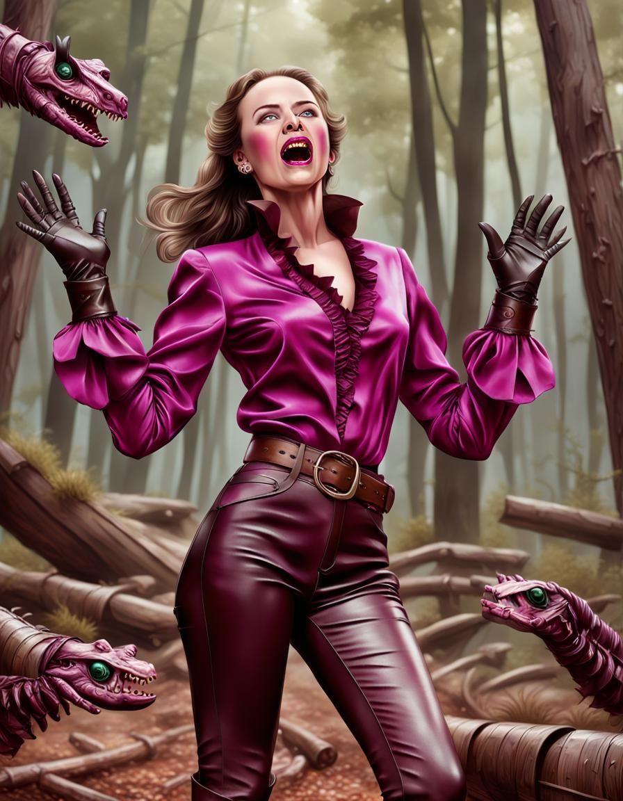 Woman in Peril: Hyperrealistic Forest Centipede Scene