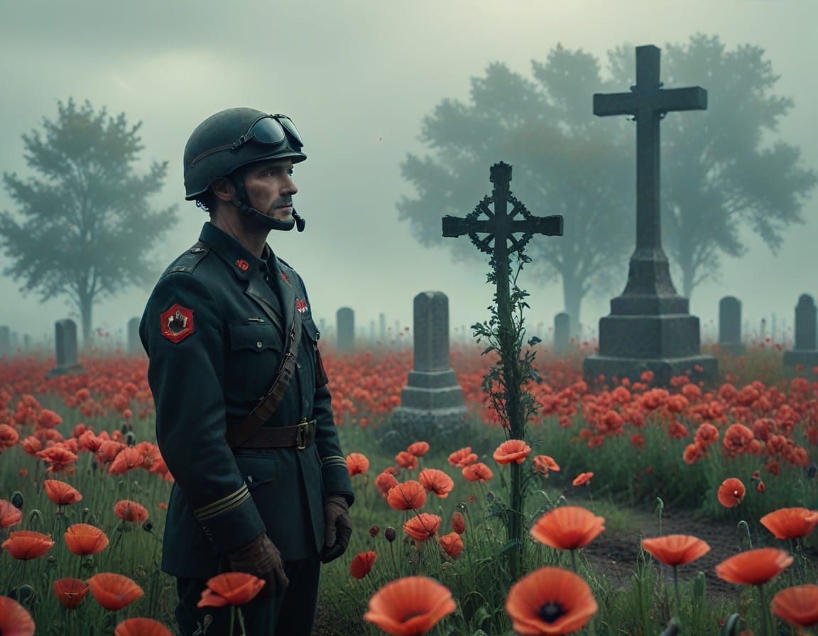 Ghostly Canadian Pilot Vigil Over Poppy Field Grave