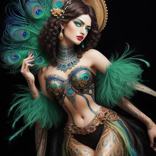 Surreal Woman with Peacock Feathers in Vibrant Oil Painting