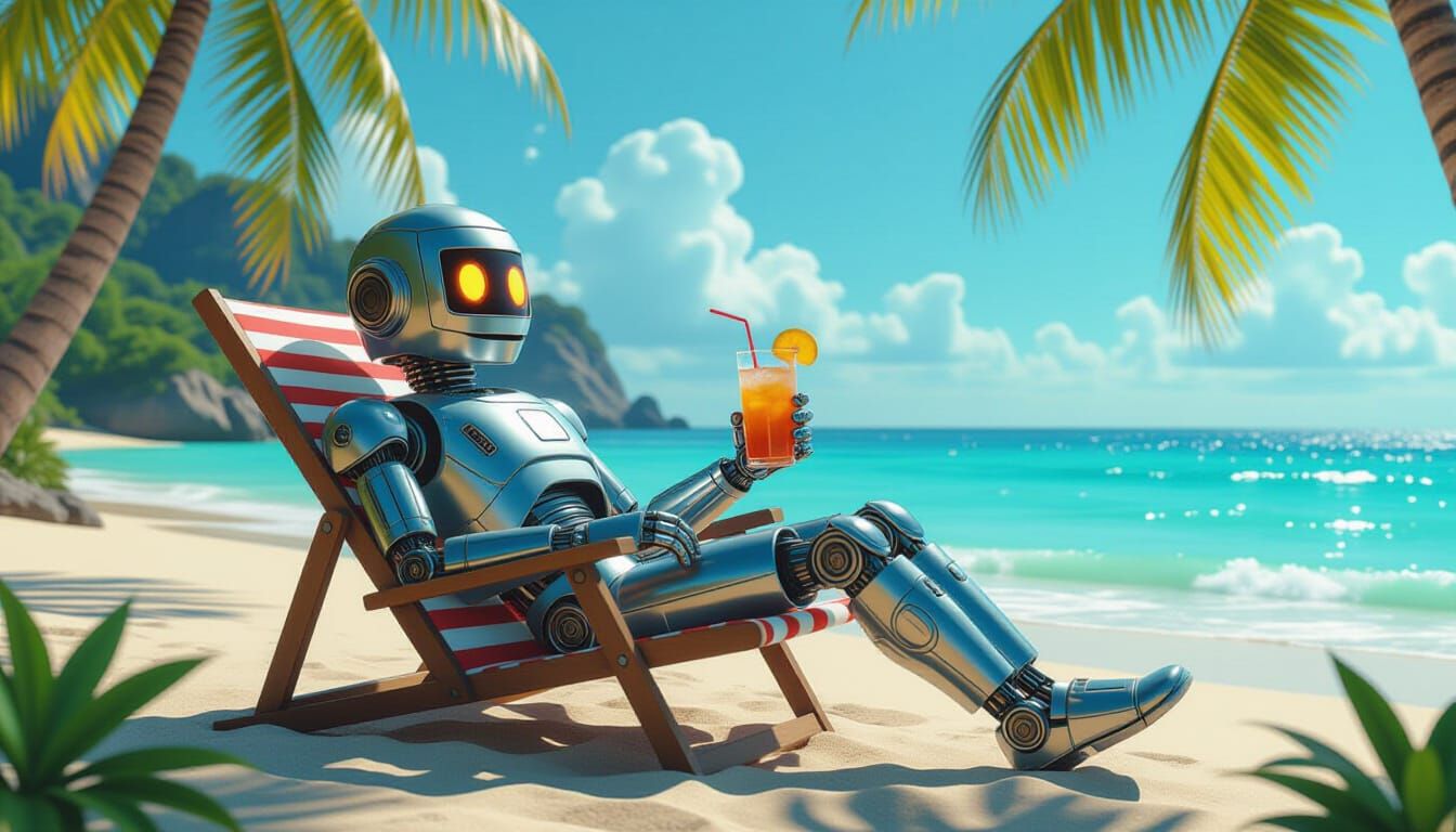 Robot Beach Vacation in Fantasy Concept Art Style