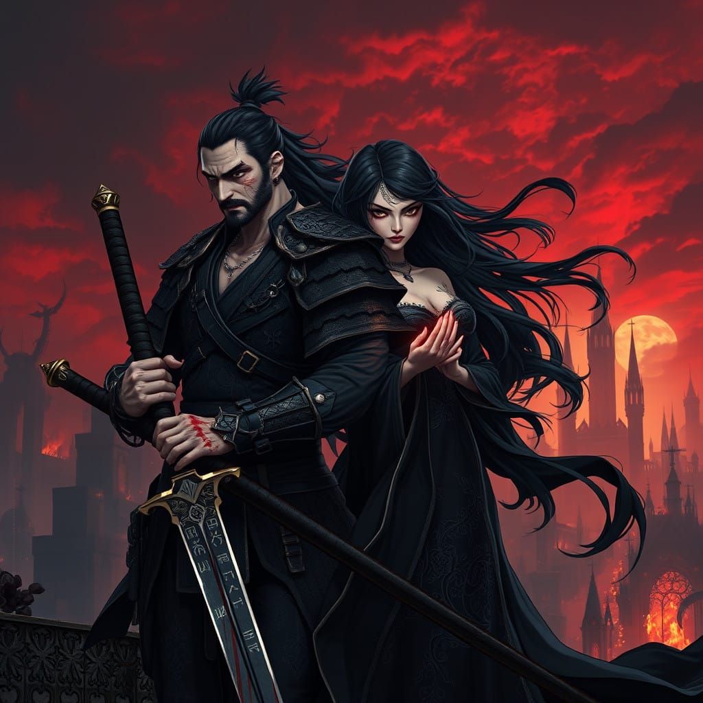 Mysterious Warrior in Dark Fantasy Metropolis