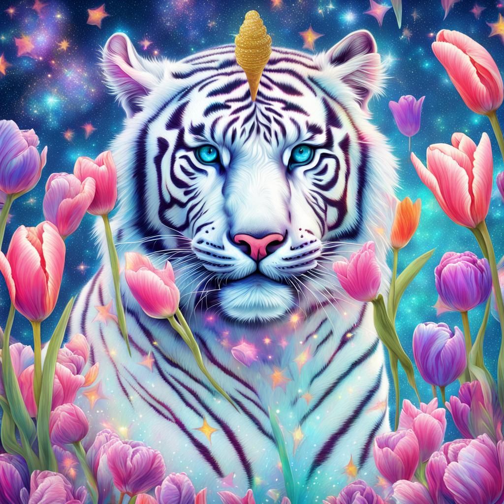 White Tiger in Sparkle Wonderland: Cosmic Illustration