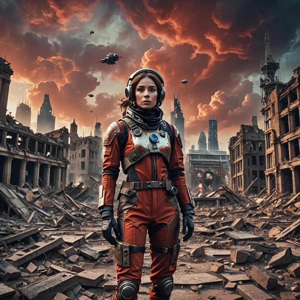 Martian Woman in London Ruins with Spaceship