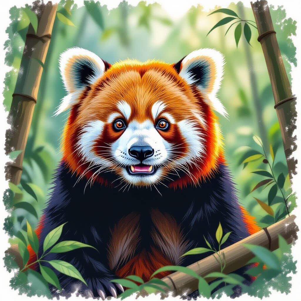 Red Panda Portrait in Jungle, Pencil Sketch Style