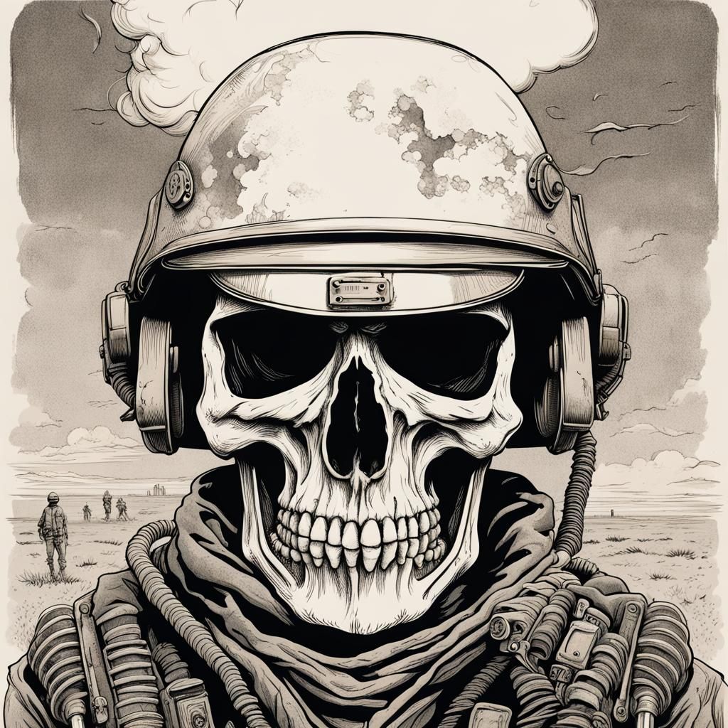 Skull in Military Helmet in Post-Apocalyptic Wasteland