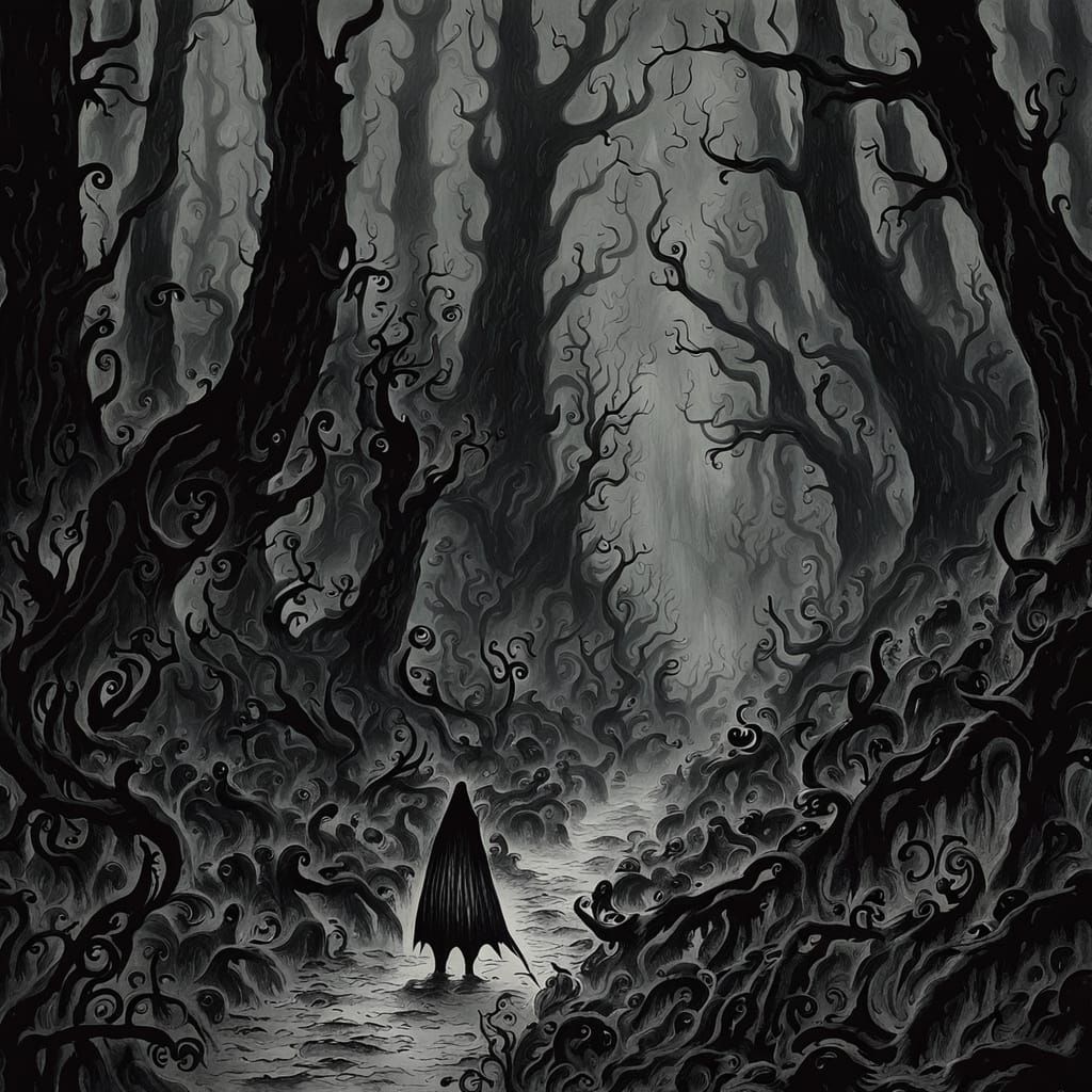 Eerie Botanical Ink Wash Painting in Dark Forest