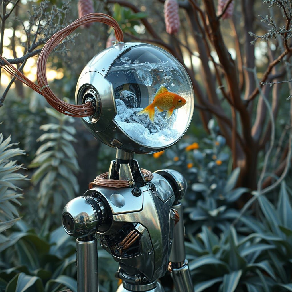 Futuristic Robot with Aquatic Head in Ethereal Garden