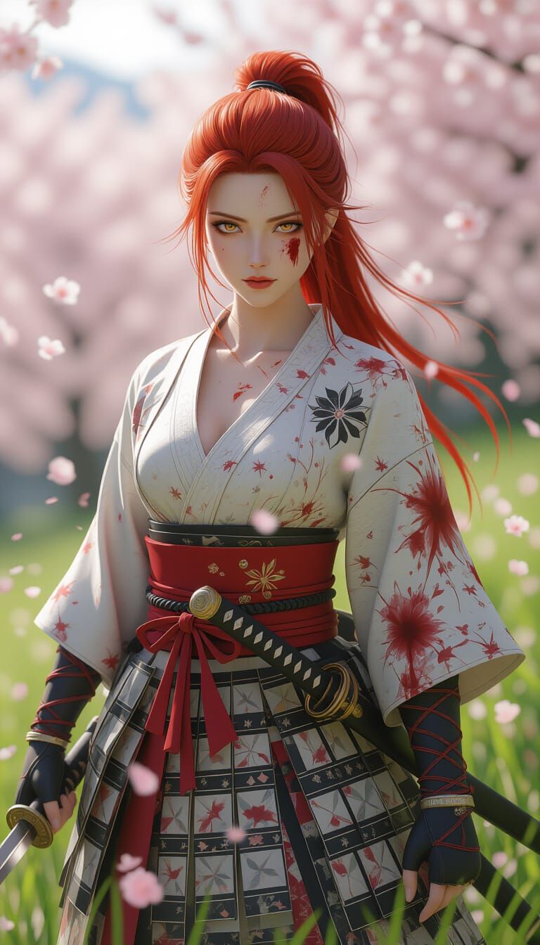Wounded Samurai Woman with Katana in Anime Style