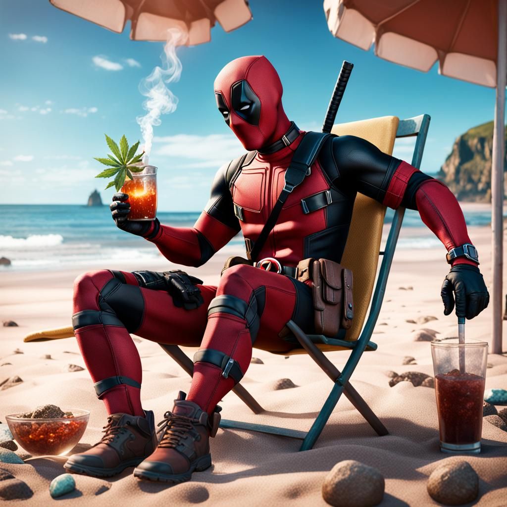 Deadpool Smokes Ganja Joint on Beach: Detailed Art