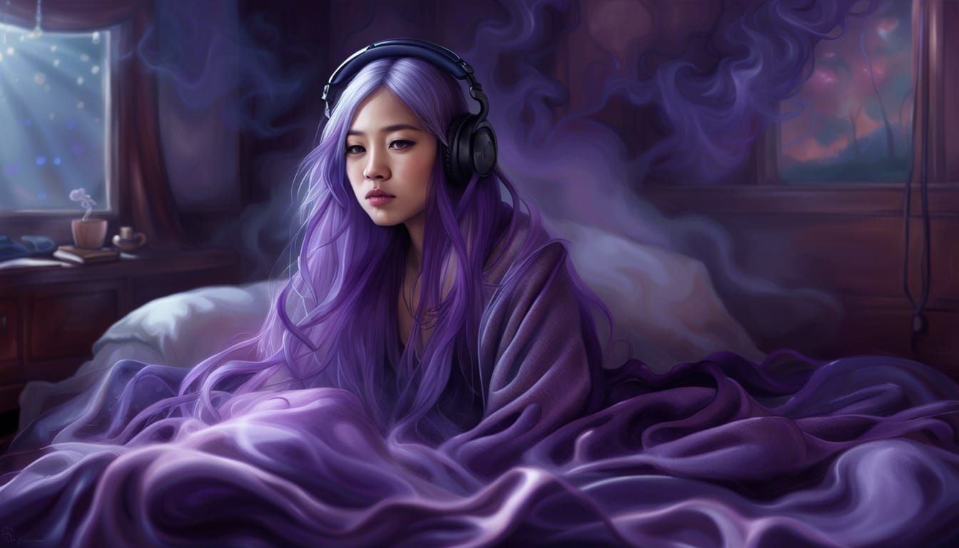 Purple Haired Girl in Dreamy, Surreal Setting
