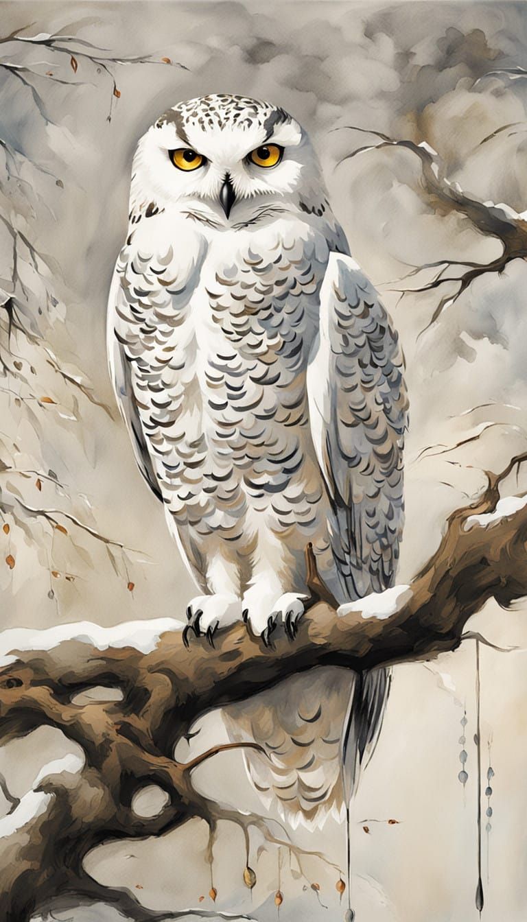 Serene Winter Owl Perched on Olive Branch
