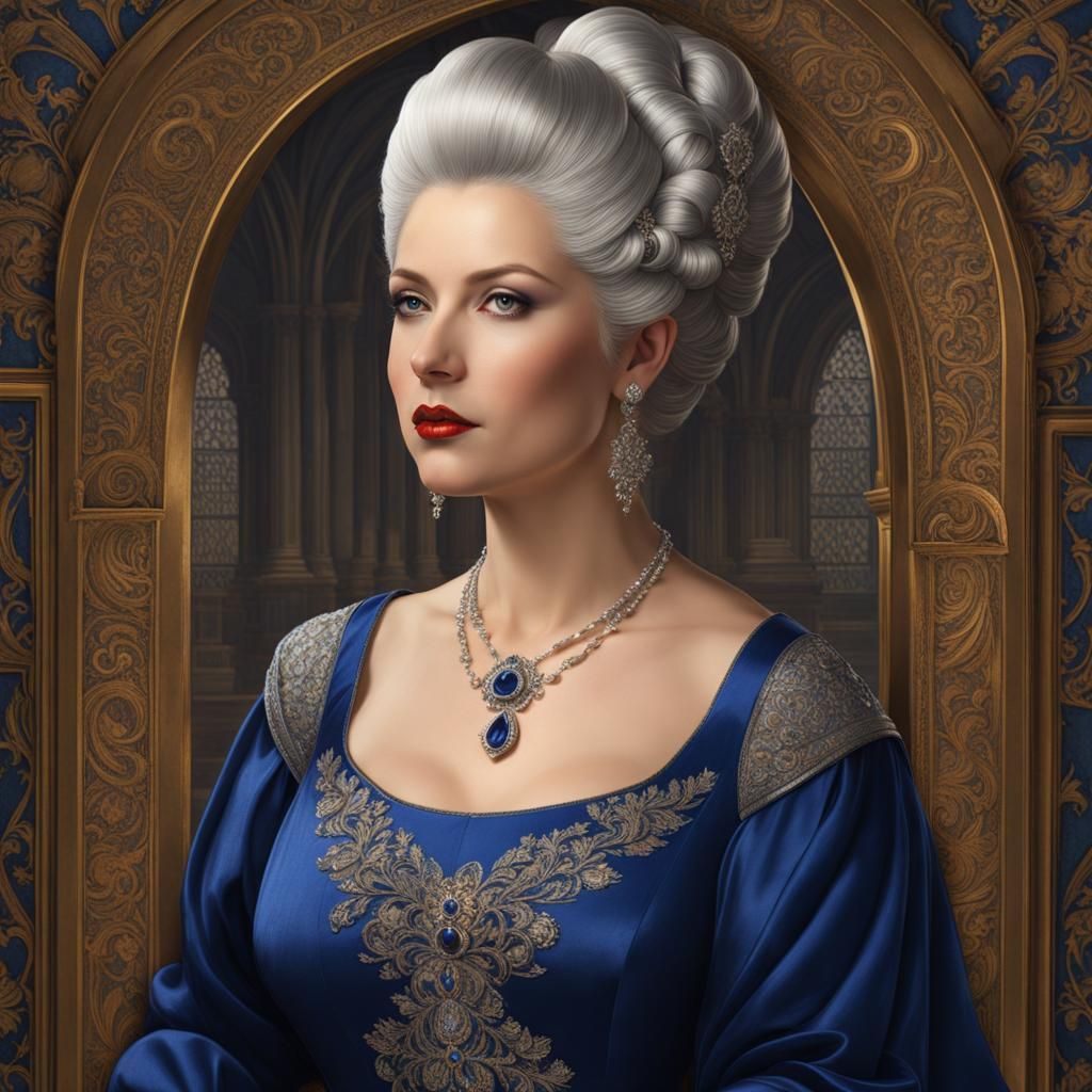 Renaissance Noblewoman in Sapphire Gown with Fan