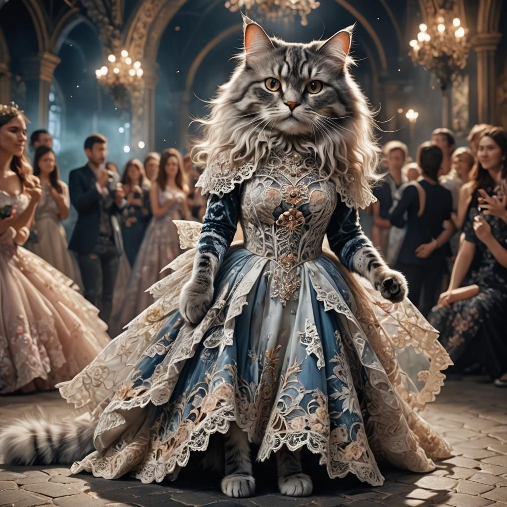 Fluffy Cat Models Lace Dress at Fashion Show
