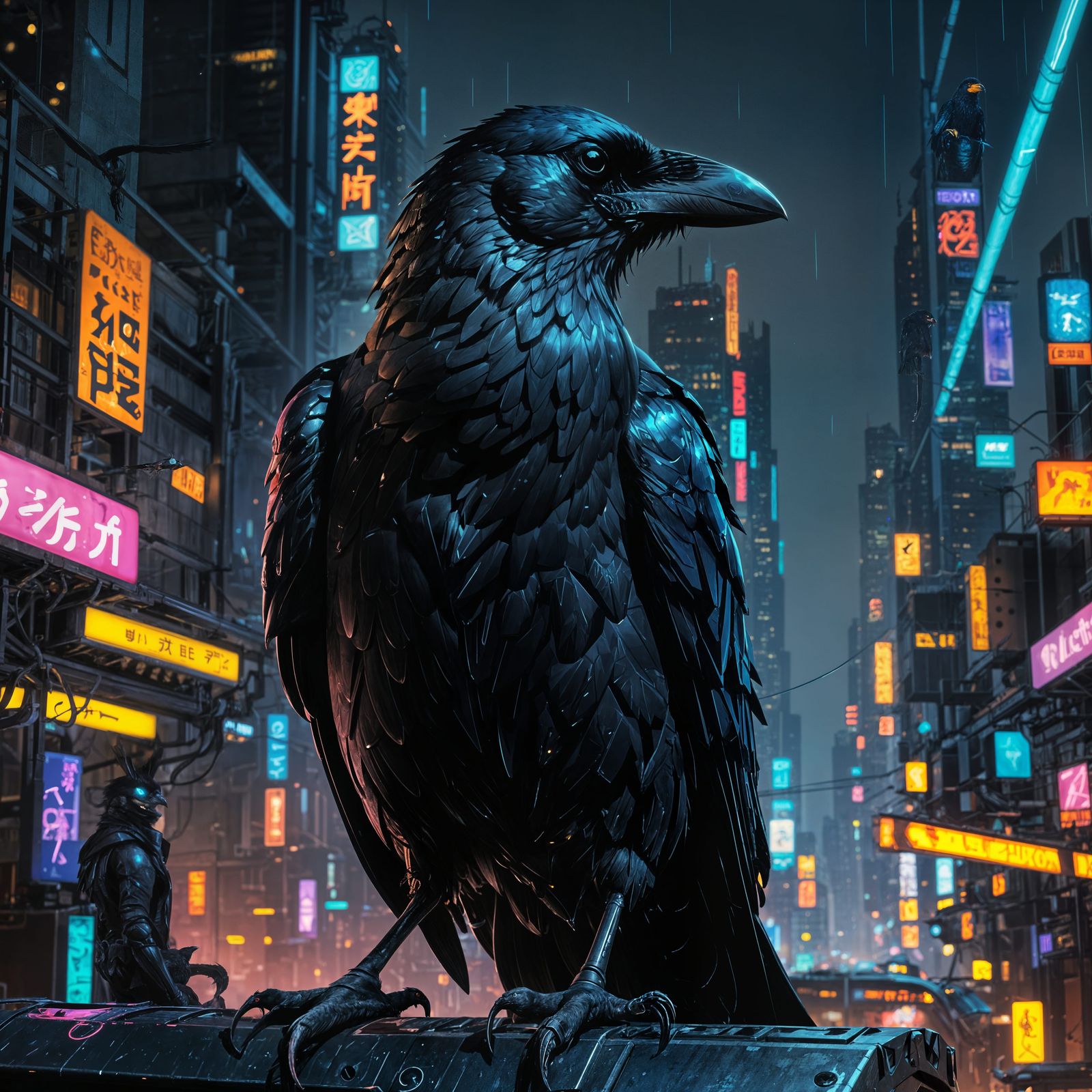 Cyberpunk Crow on Metallic Platform in Neon City