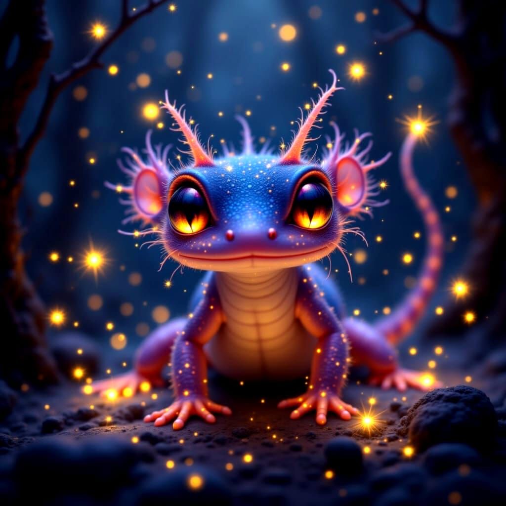 Mystical Salamander in Dark Forest with Fireflies
