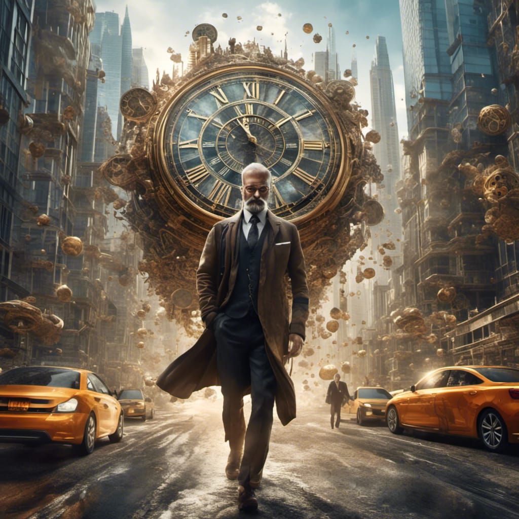 Clock-Faced Man in Hyperrealistic Cityscape