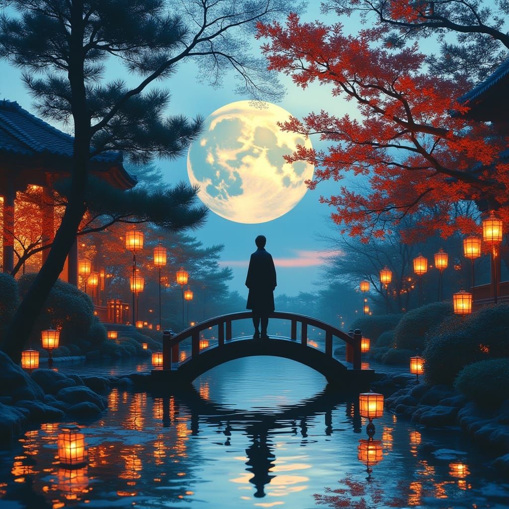 Serene Chinese Garden at Twilight in Paper Cutting Style