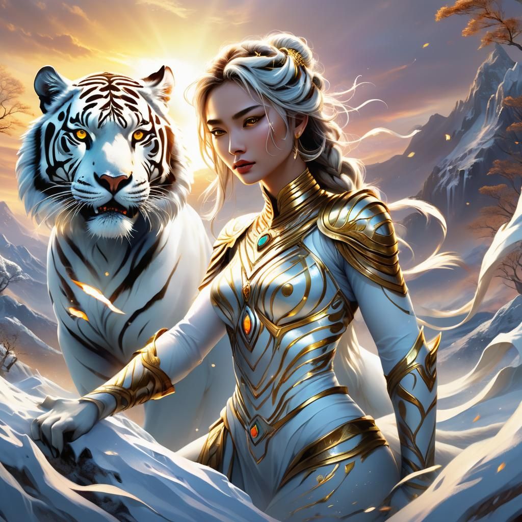 Brave Woman and White Tiger in Dream Landscape